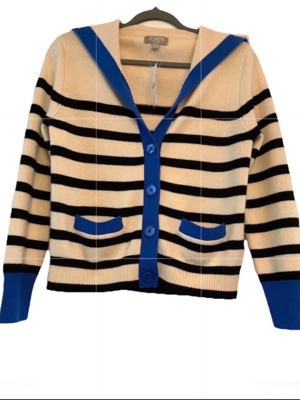 J. Crew Cream and Black Striped Cardigan with Blue Trim